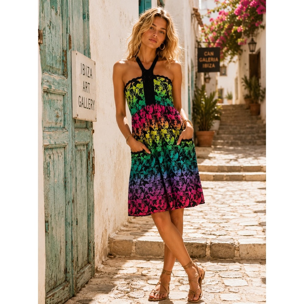Circa Mini Dress M Crochet Black Red Yellow Green Reggae Crows Faces Pockets Y2K